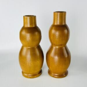 Wood Hand Turned Vintage Bud Vase Set of 2 MCM; 8” & 8 3/8”